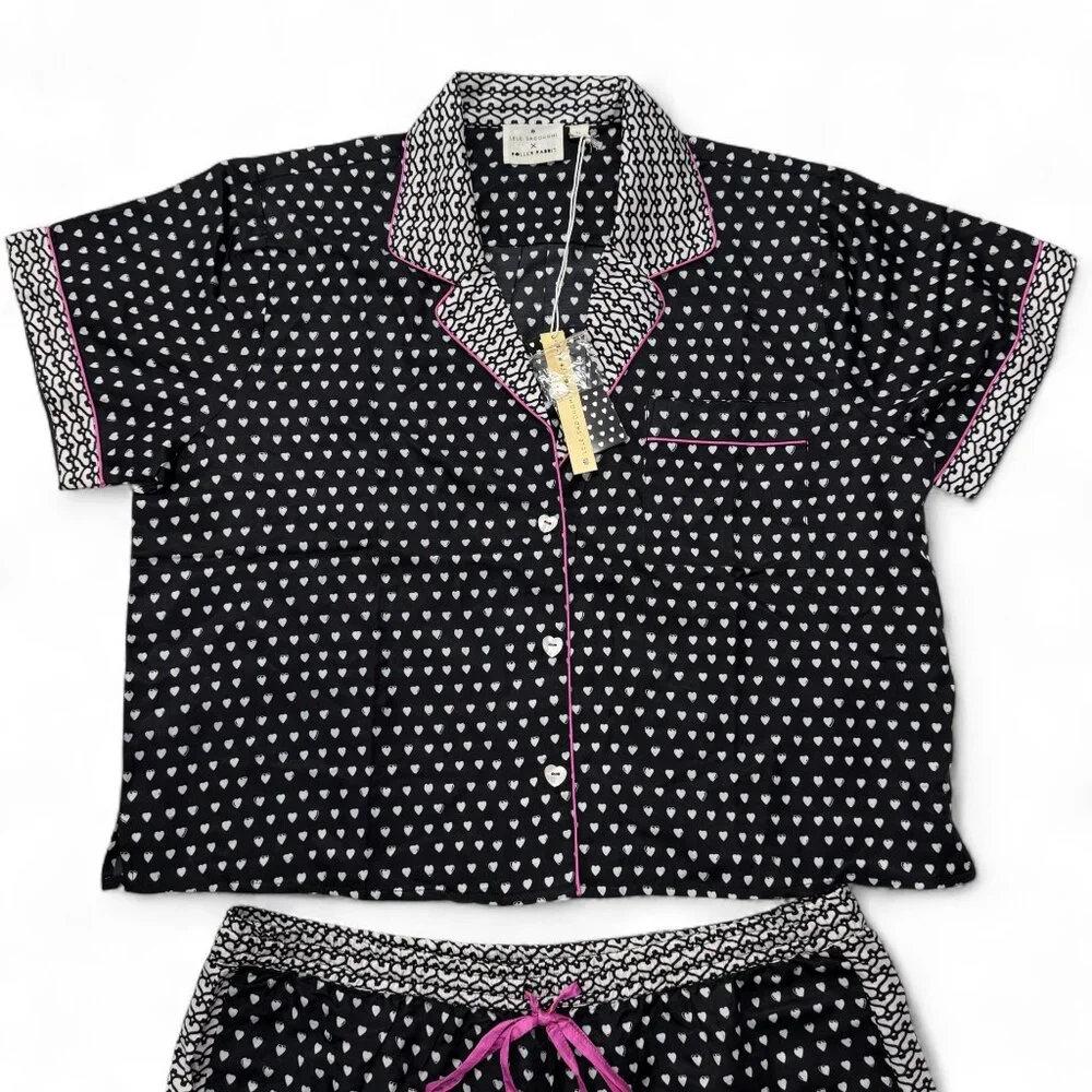 Roller Rabbit x Lele Sadoughi Black‎ Heart Pajamas PJ Set Womens XL NWT Shorts